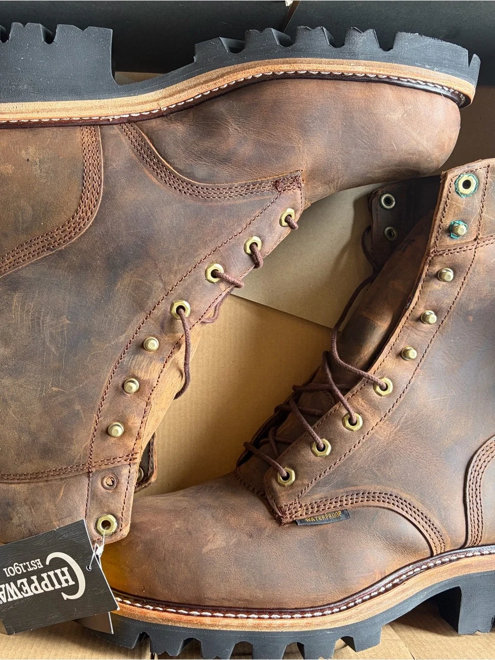 Chippewa Brown Leather Men's Lace-Up Work Boots